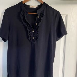 Tory Burch Lidia Navy Ruffle Polo Shirt